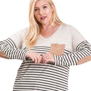 Striped Pocket Top with Elbow Patches
